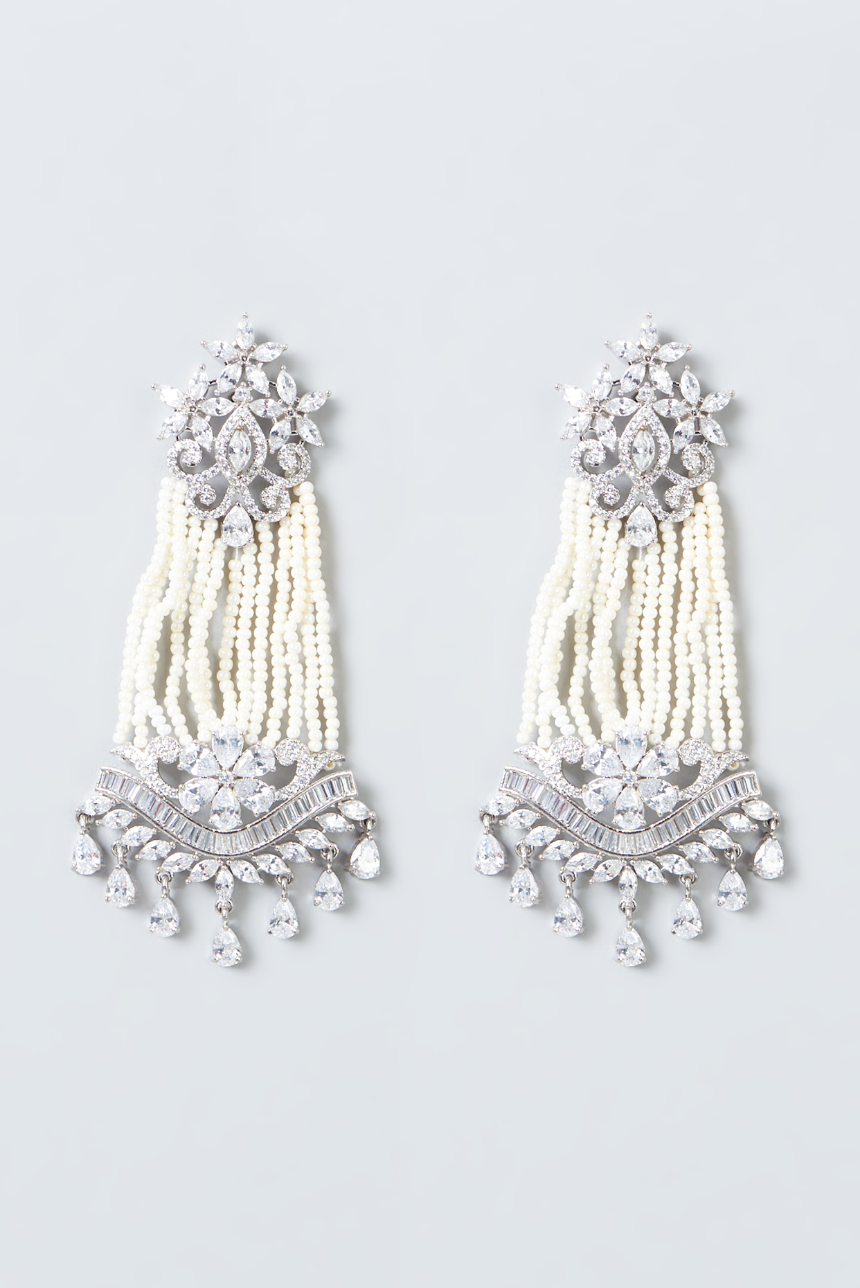 White Rhodium Finish Pearl & Zircon Dangler Earrings by Prestones